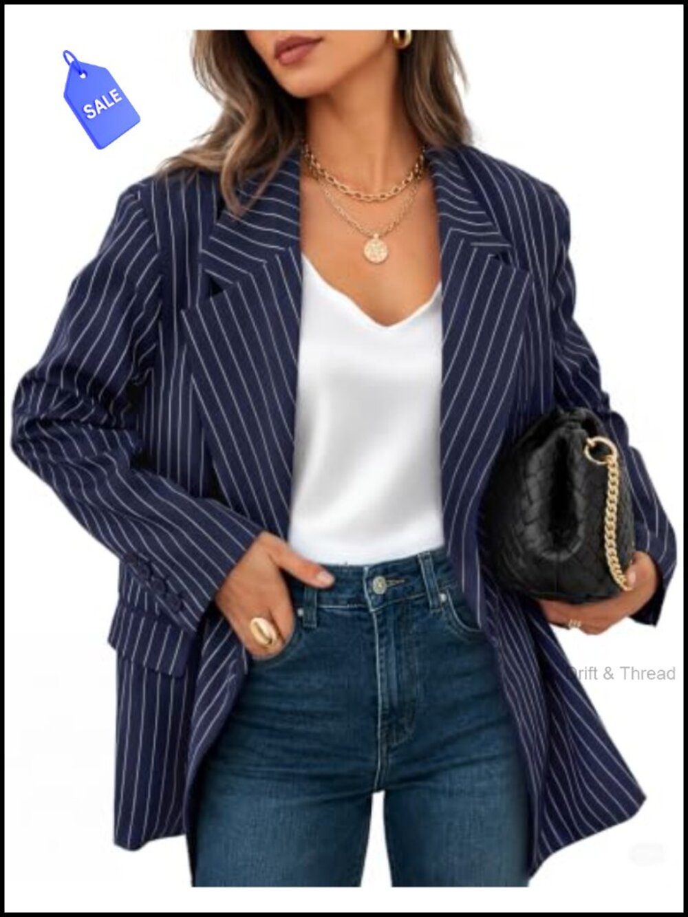 Women's Business Casual Striped Blazer Long Sleeve Open Front Loose Fit
